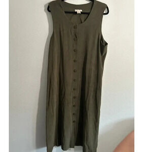 Christopher & Banks Maxi Dress Womens 16 Olive Green Round Neck Button Suede